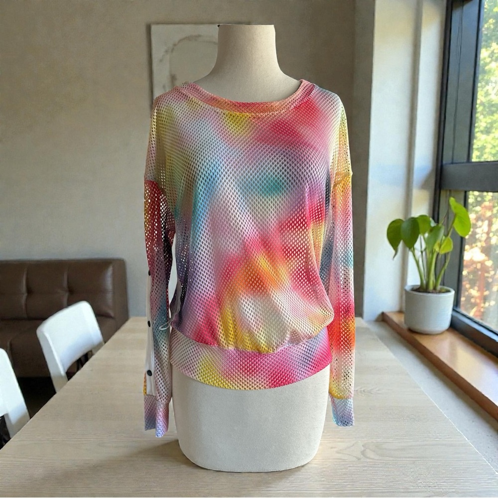 Lucky In Love Techno Ombre Mesh Sweatshirt Small Rainbow Cinch Sides Long Sleeve - Picture 2 of 9